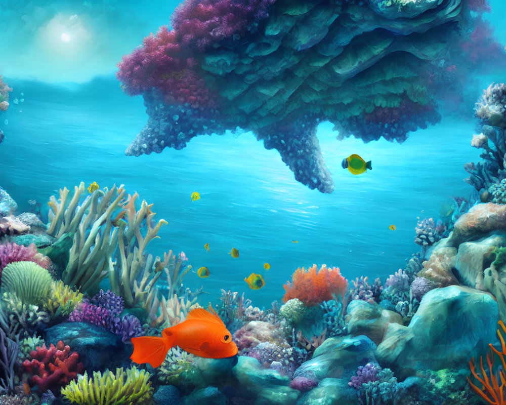 Colorful Coral Clusters and Fishes in Sunlit Underwater Scene