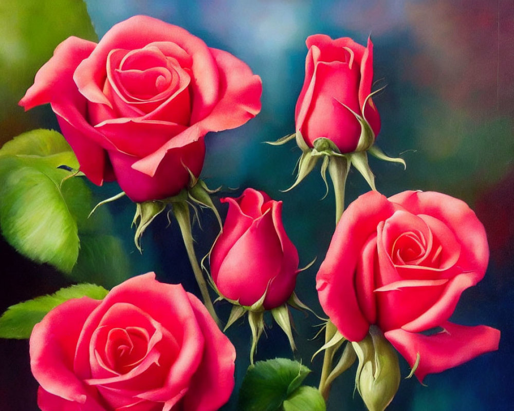 Four Vibrant Red Roses in Various Bloom Stages on Soft-focus Background