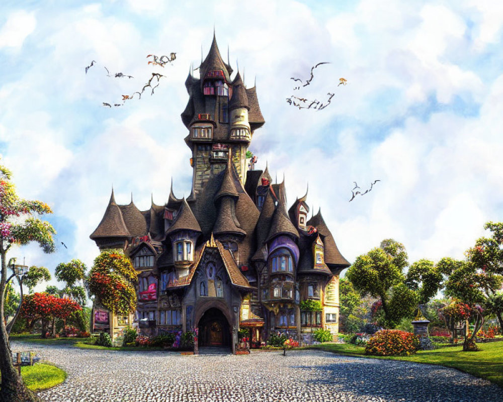 Fantasy castle with cobblestone path, gardens, and flying birds