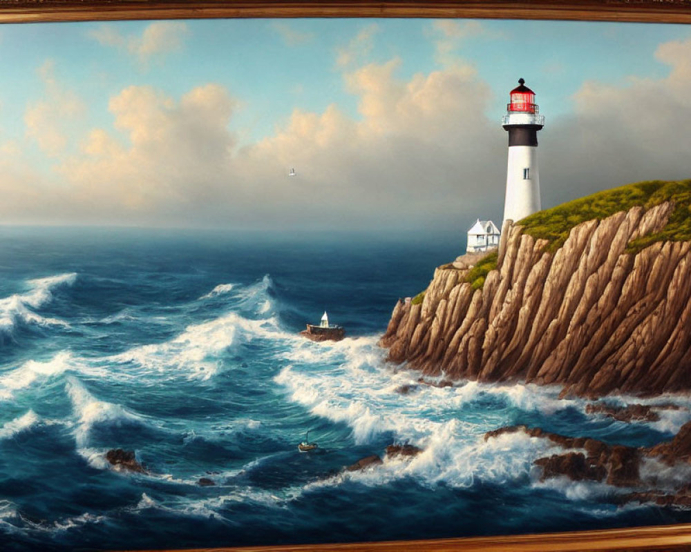 Lighthouse painting with turbulent waves and boat in cloudy sky