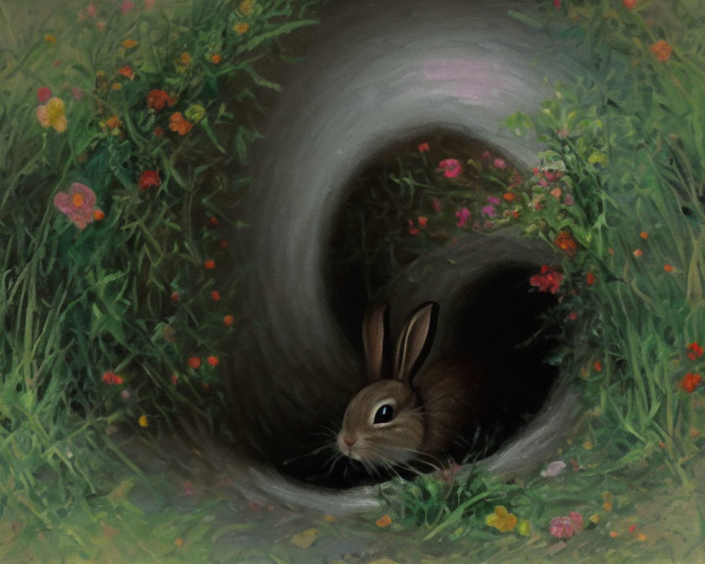 Brown rabbit peeking from dark burrow in grass with wildflowers