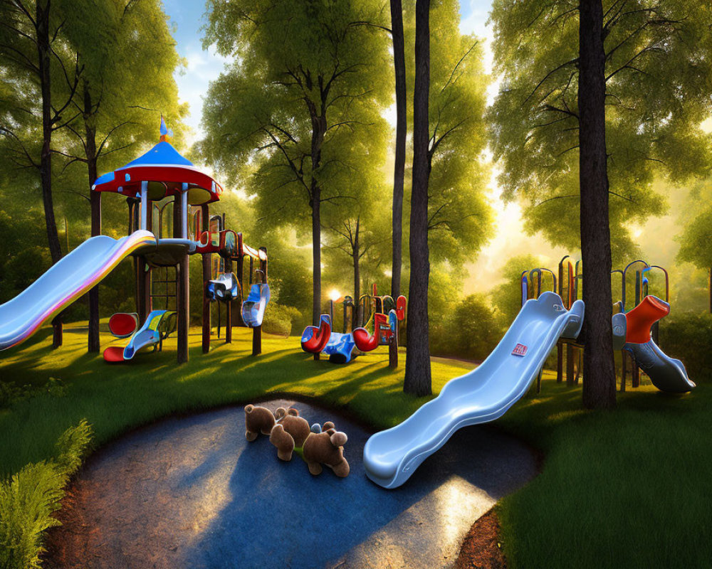 Vibrant playground in sunny forest with slides and swings, teddy bears in foreground