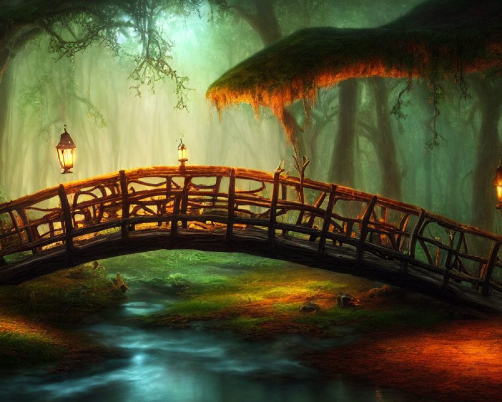 Wooden bridge over gentle stream in mystical forest with hanging lanterns and ethereal green light