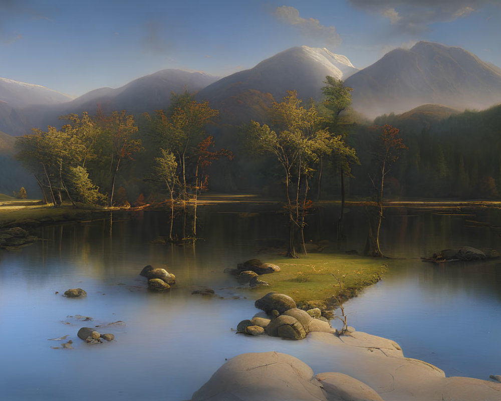 Serene landscape: reflective lake, autumn trees, misty mountains