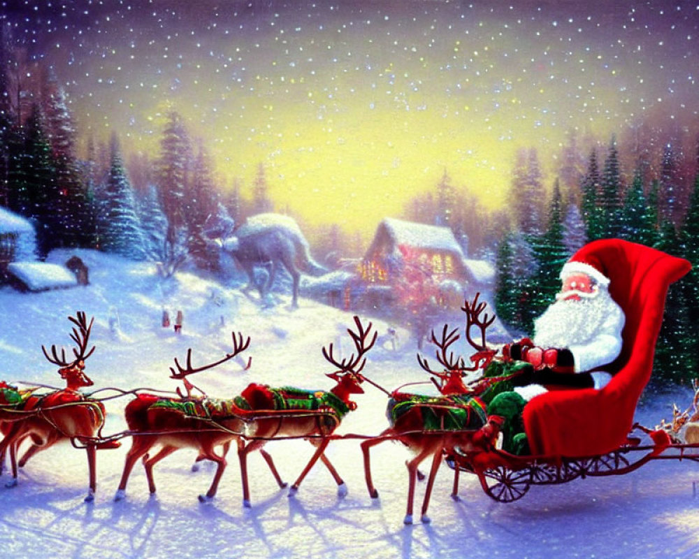 Santa Claus on sleigh with reindeer in snowy village at night