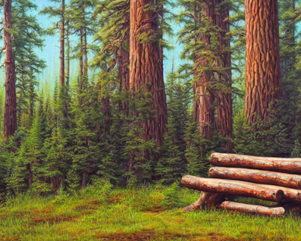 Serene forest digital painting with tall trees and logs on green undergrowth