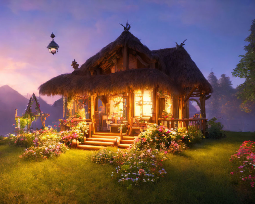 Thatched cottage among flowers with illuminated windows at twilight