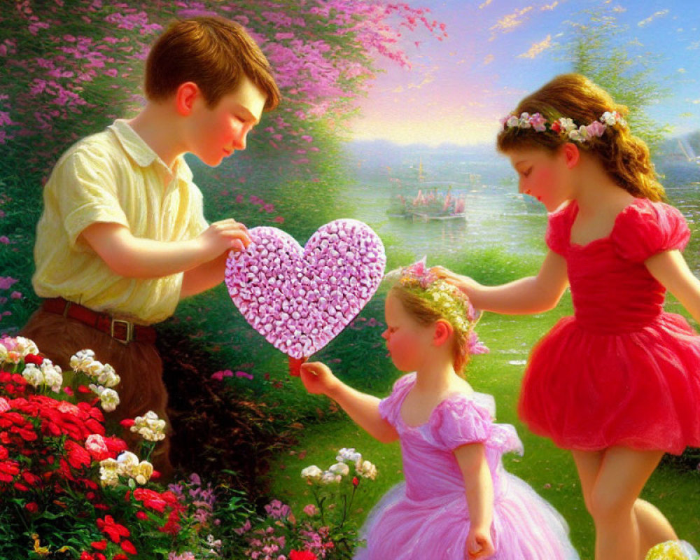 Children presenting heart-shaped object in flower-filled landscape at sunset