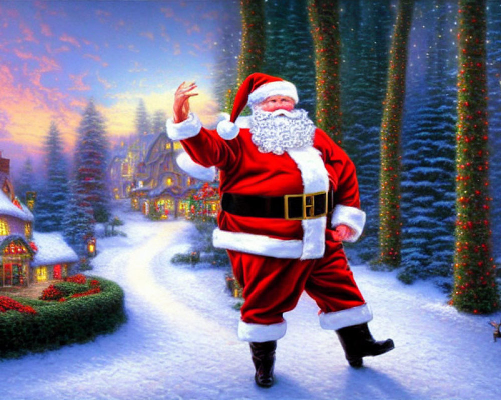 Santa Claus waving in snowy village with Christmas trees and lit houses under twilight sky