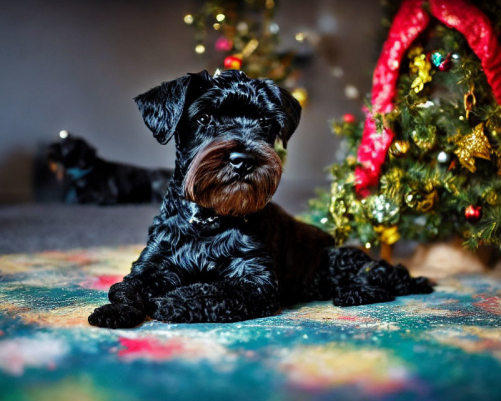 Black Schnauzer Puppy on Colorful Rug with Christmas Tree and Lights