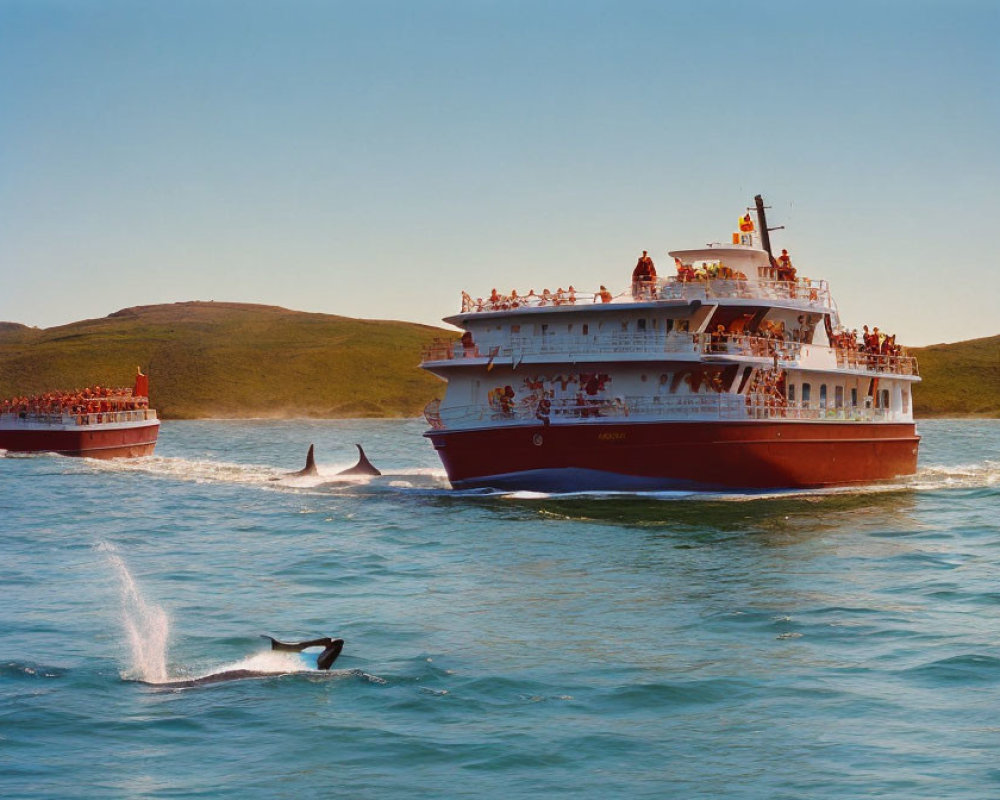 Passengers on sightseeing boats watching whale in sunlit sea