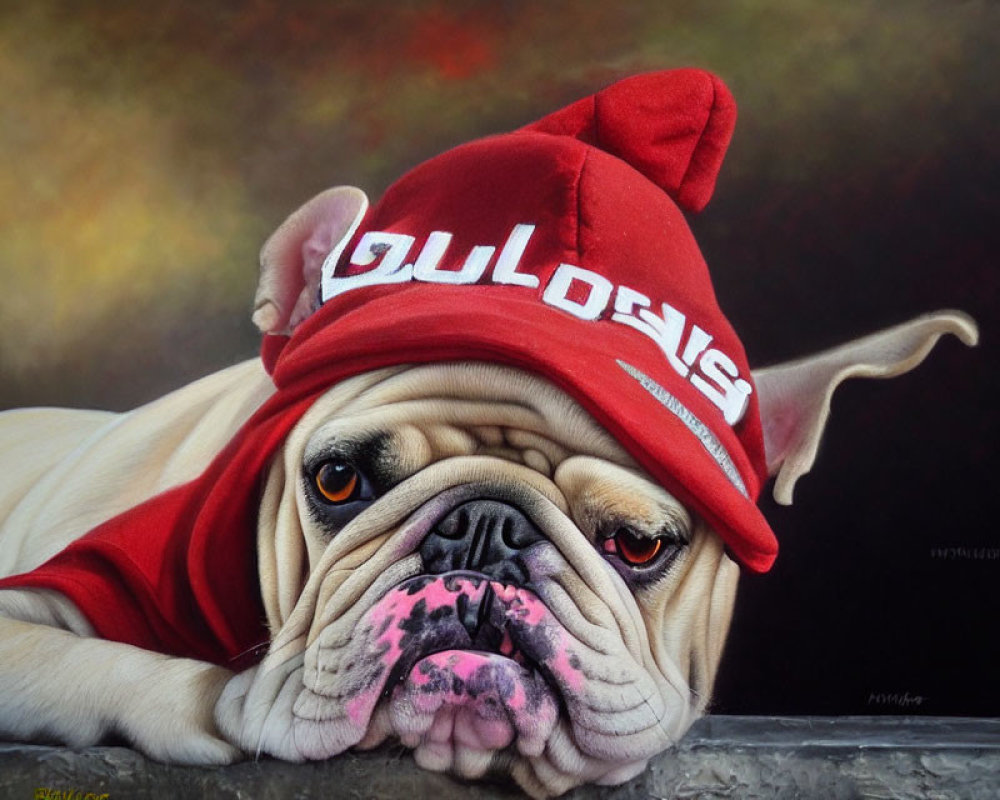 Pug dog in red beanie with "OUTDOGS", floppy ears