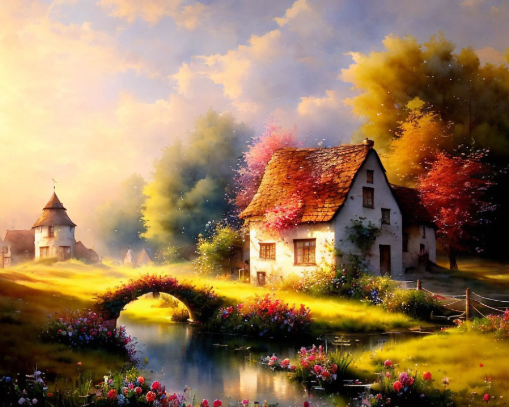 Tranquil countryside landscape with cottage, flowers, bridge, stream, and windmill