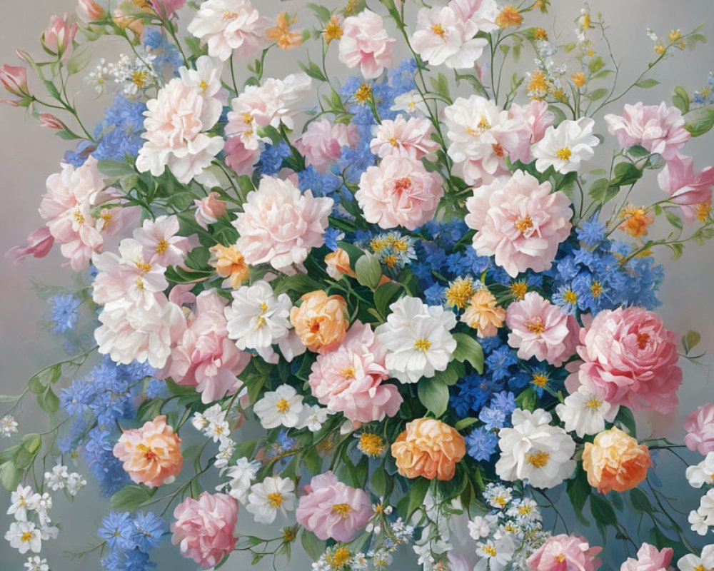 Pink Roses, White Daisies, Blue Flowers on Grey Background