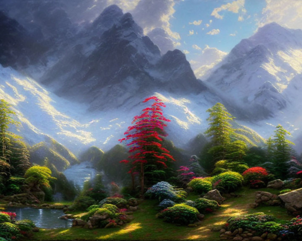 Tranquil landscape with red tree, pond, flora, and mountains.