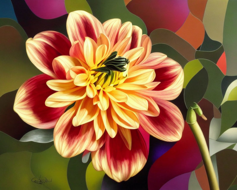 Detailed painting of large yellow and orange flower with bee on colorful abstract background