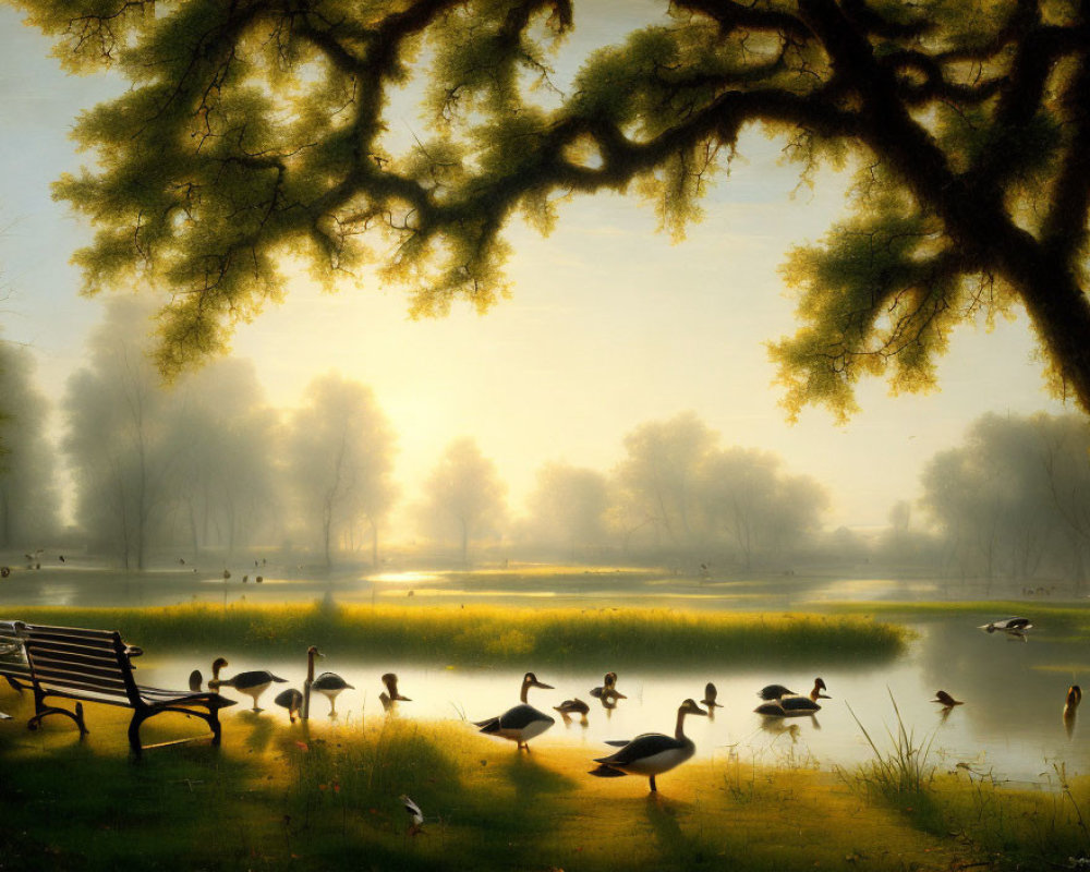 Tranquil park scene at sunrise with ducks, bench, and misty trees.