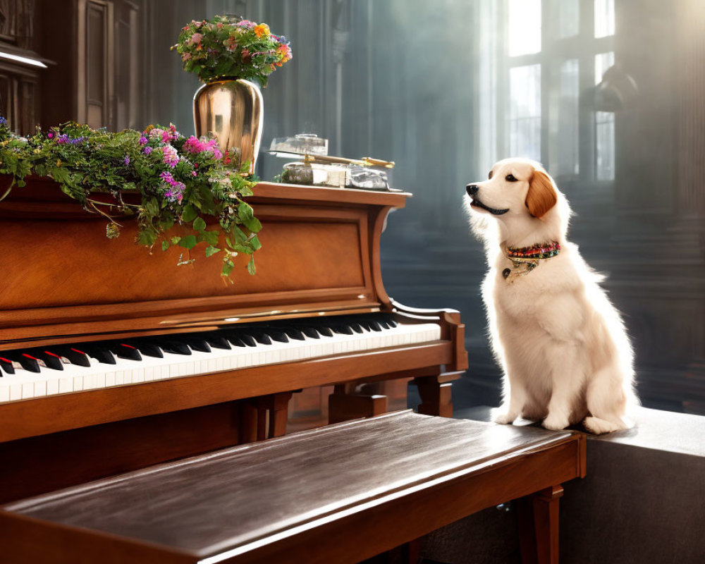 Golden retriever puppy sitting beside a piano in sunlit room