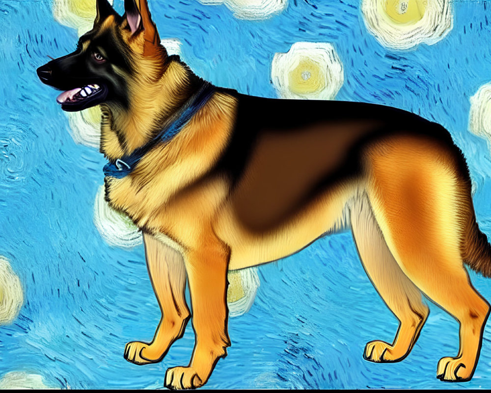 German Shepherd on Vincent van Gogh's "Starry Night" Background