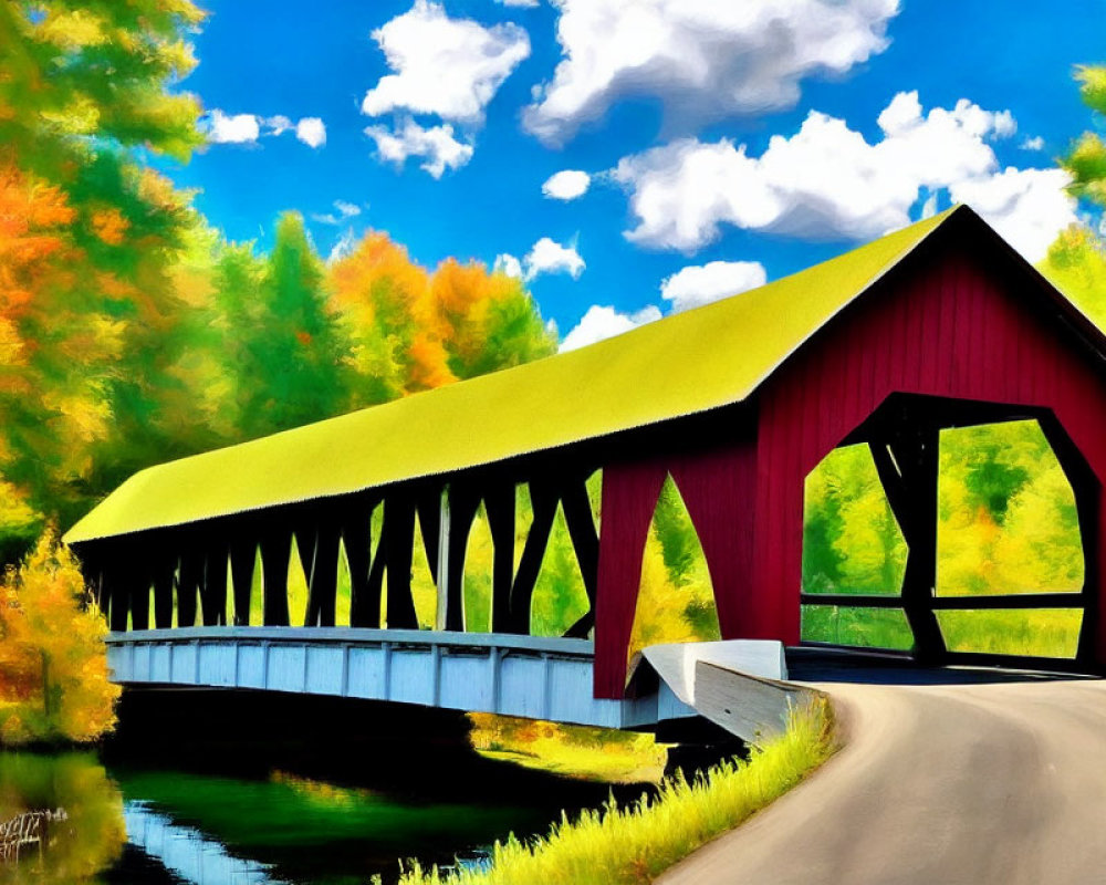 Colorful autumn scene: Red covered bridge over calm river amid vibrant trees