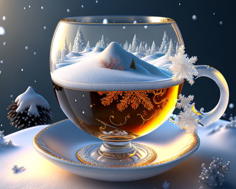 Transparent teacup with snowy landscape and trees, snowflakes and frost embellishments