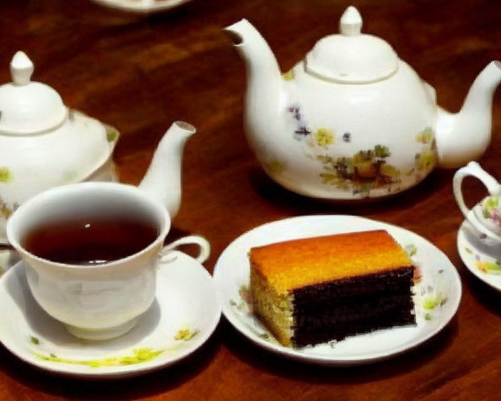 Floral Pattern Tea Set with Teapots, Cup of Tea, and Cake Slice