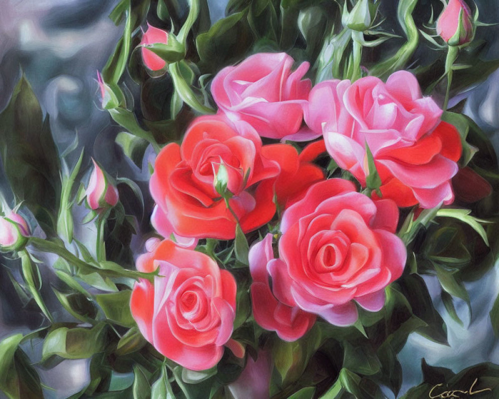 Colorful painting of pink roses with green leaves on soft-focus backdrop