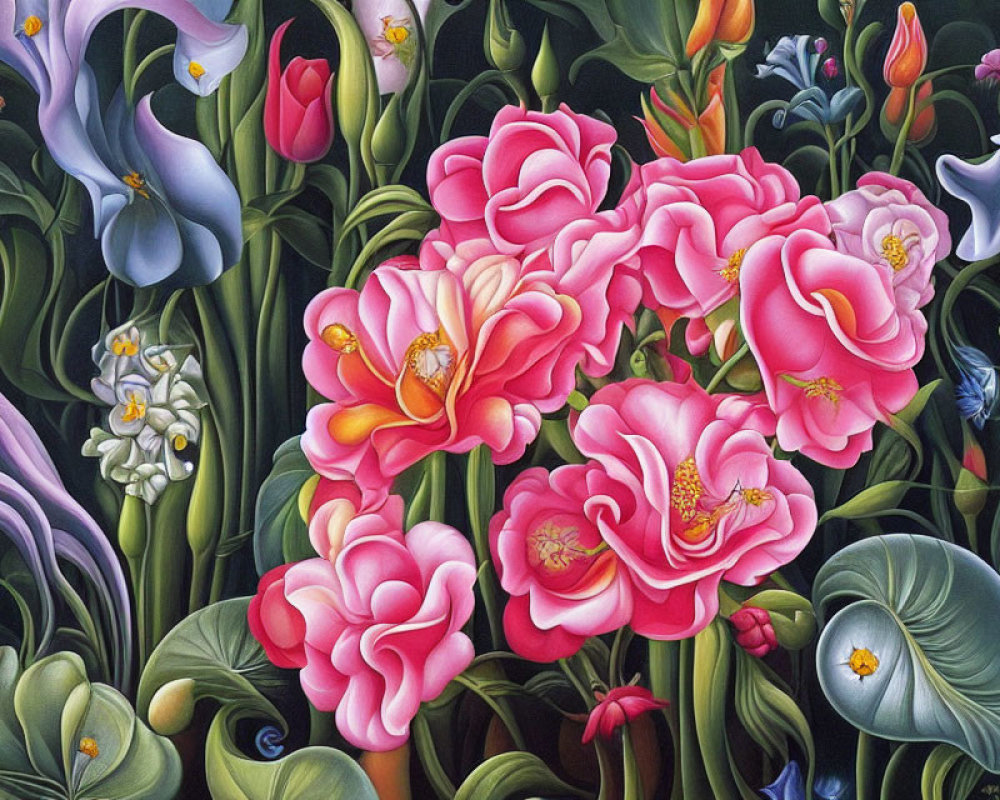 Colorful Floral Painting with Pink Roses, Blue Calla Lilies, and White Flowers