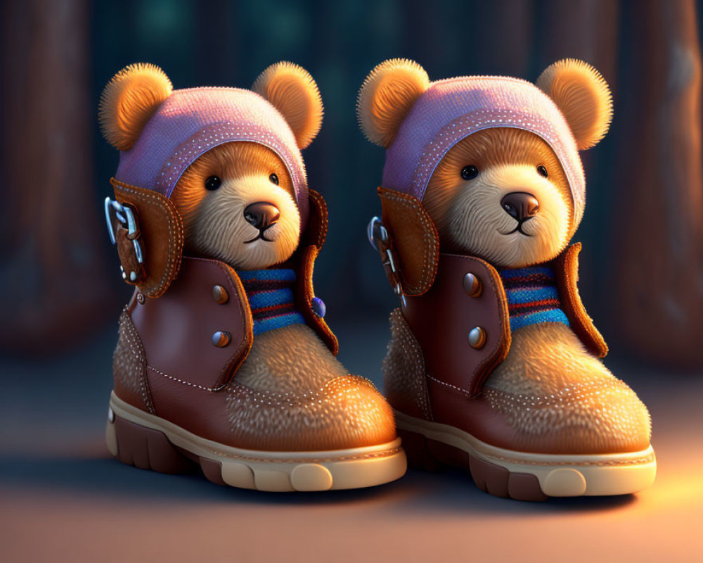 Pair of animated teddy bears in brown leather boots in forest setting