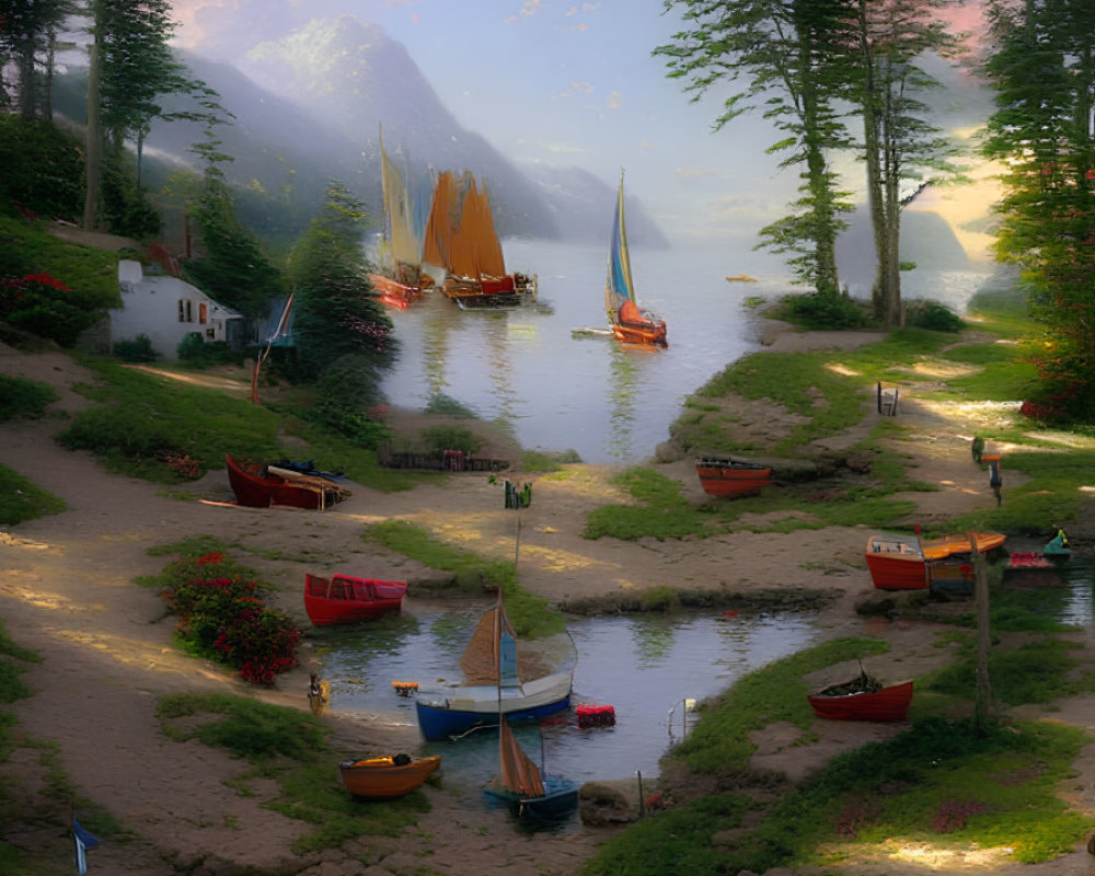 Tranquil harbor scene with boats, lush greenery, and mountains under soft glowing sky