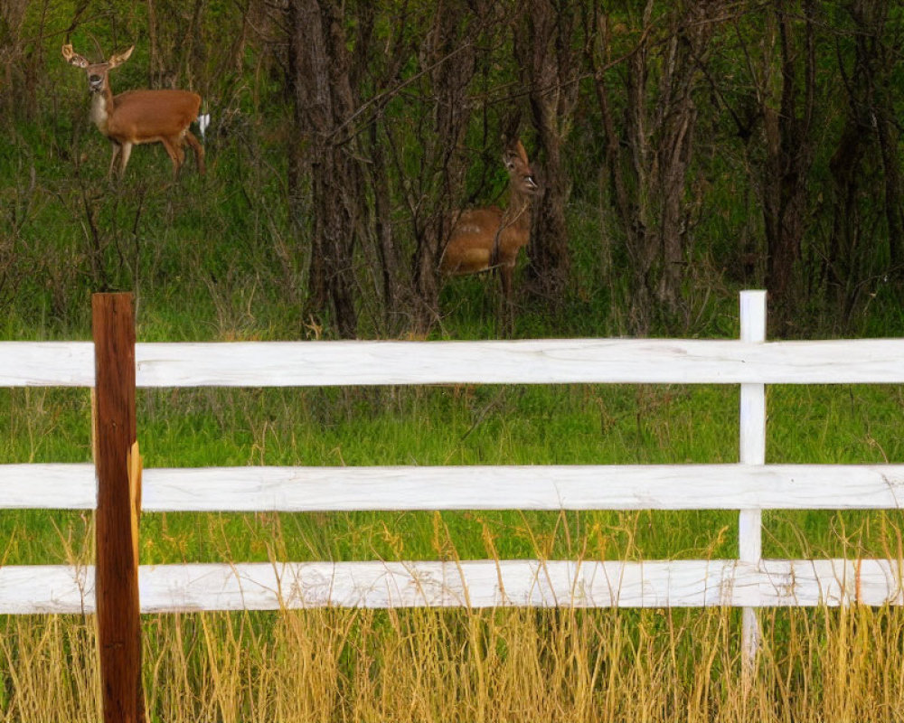 Two deer in grassy field behind white fence and trees.