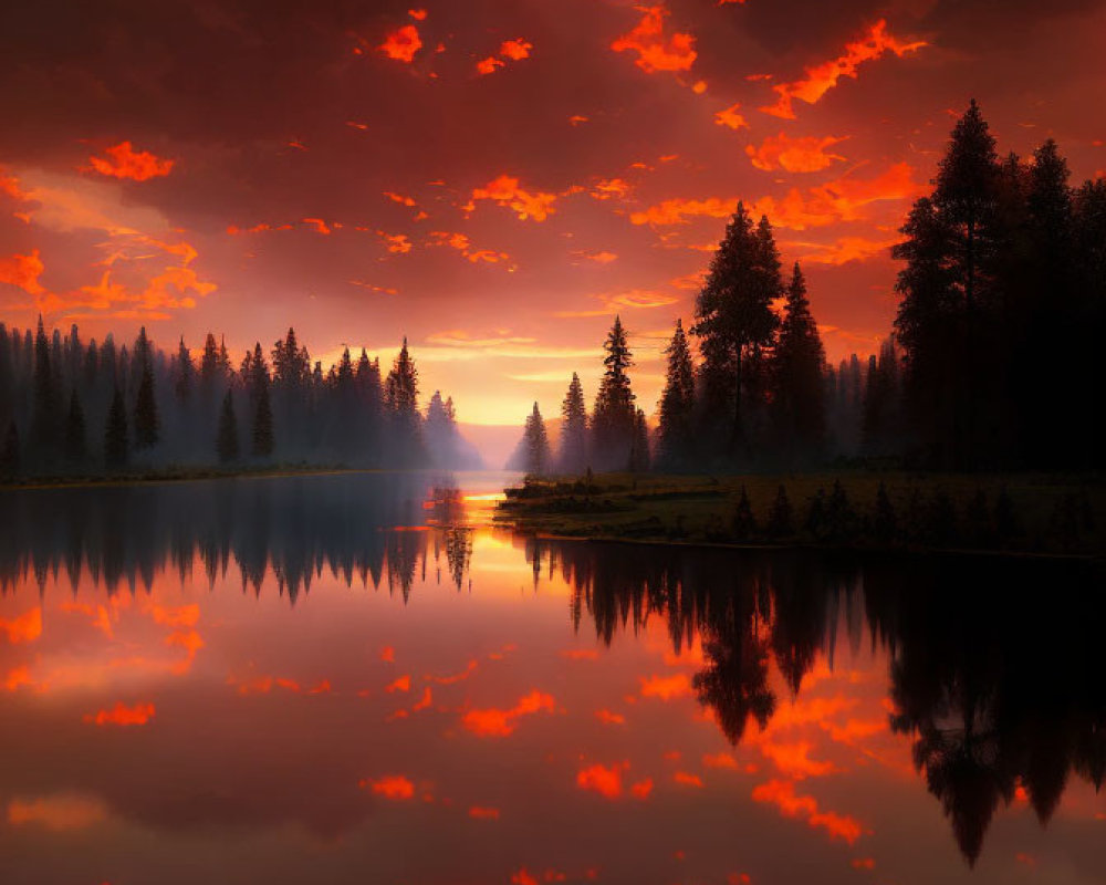 Fiery red sunset reflected in forest-lined lake