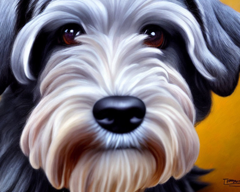 Realistic Gray and White Dog Painting with Brown Eyes and Black Nose