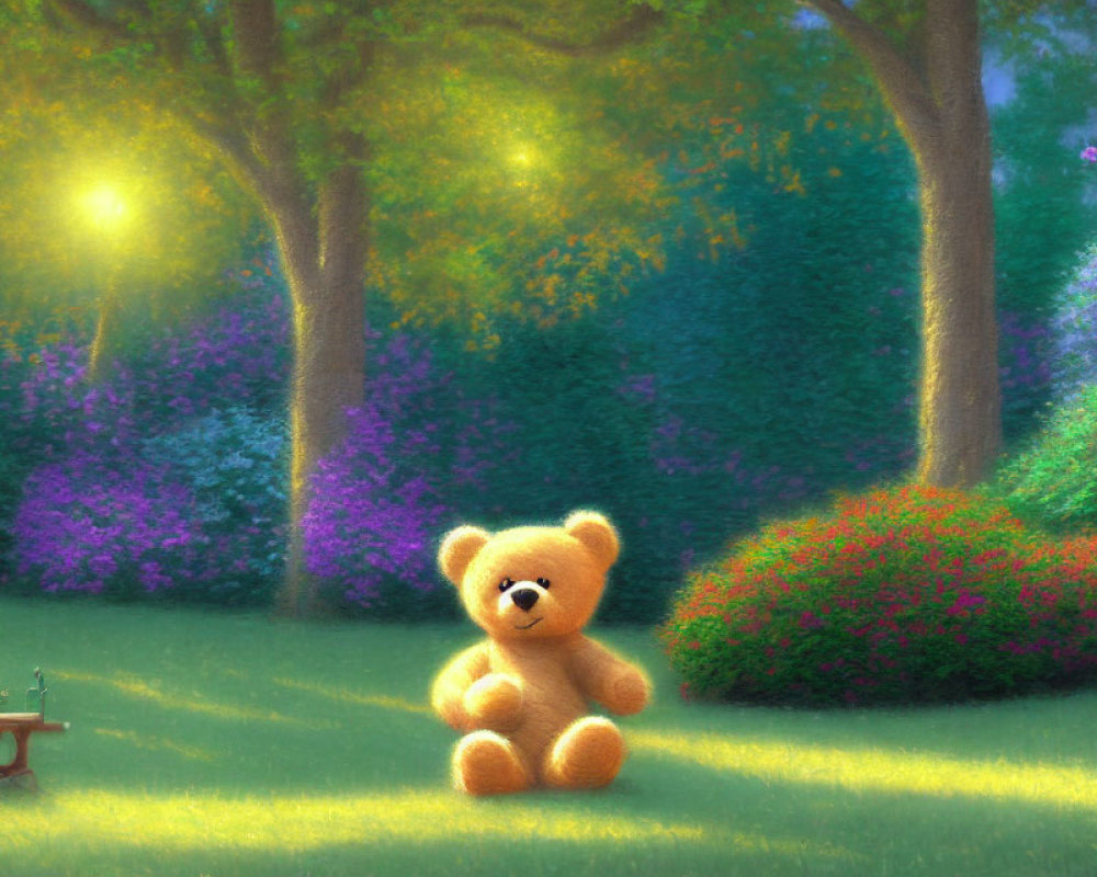 Plush teddy bear in sunlit field with flowers and garden bench