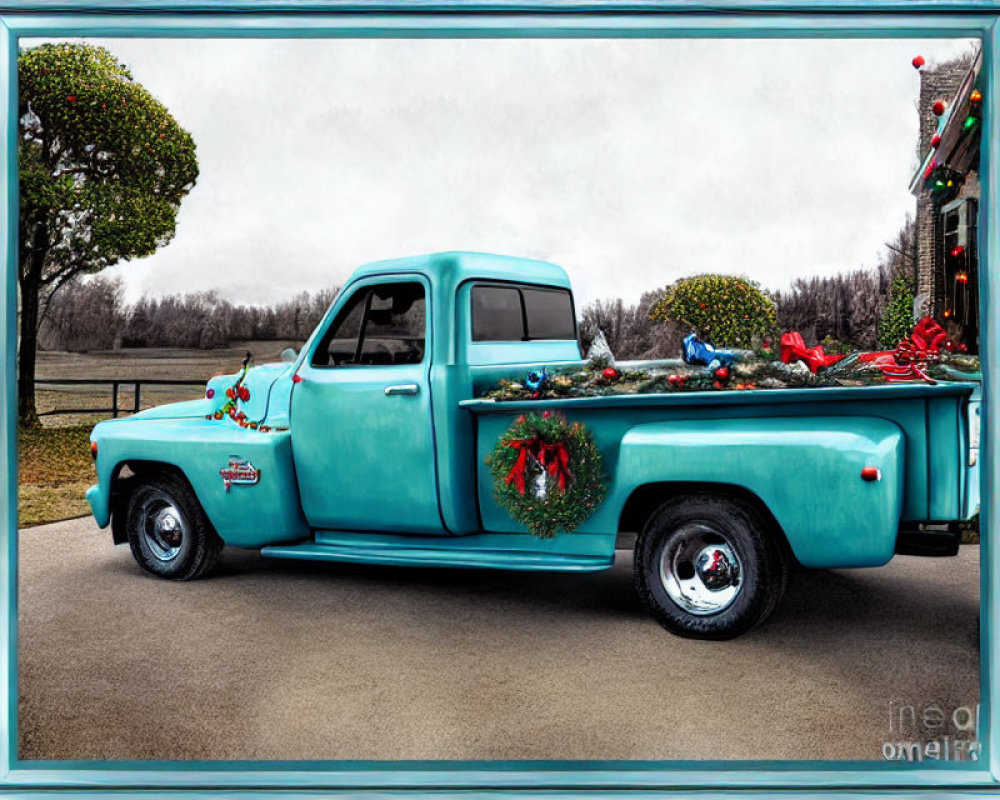 Vintage Teal Pickup Truck Decorated for Christmas on Paved Surface