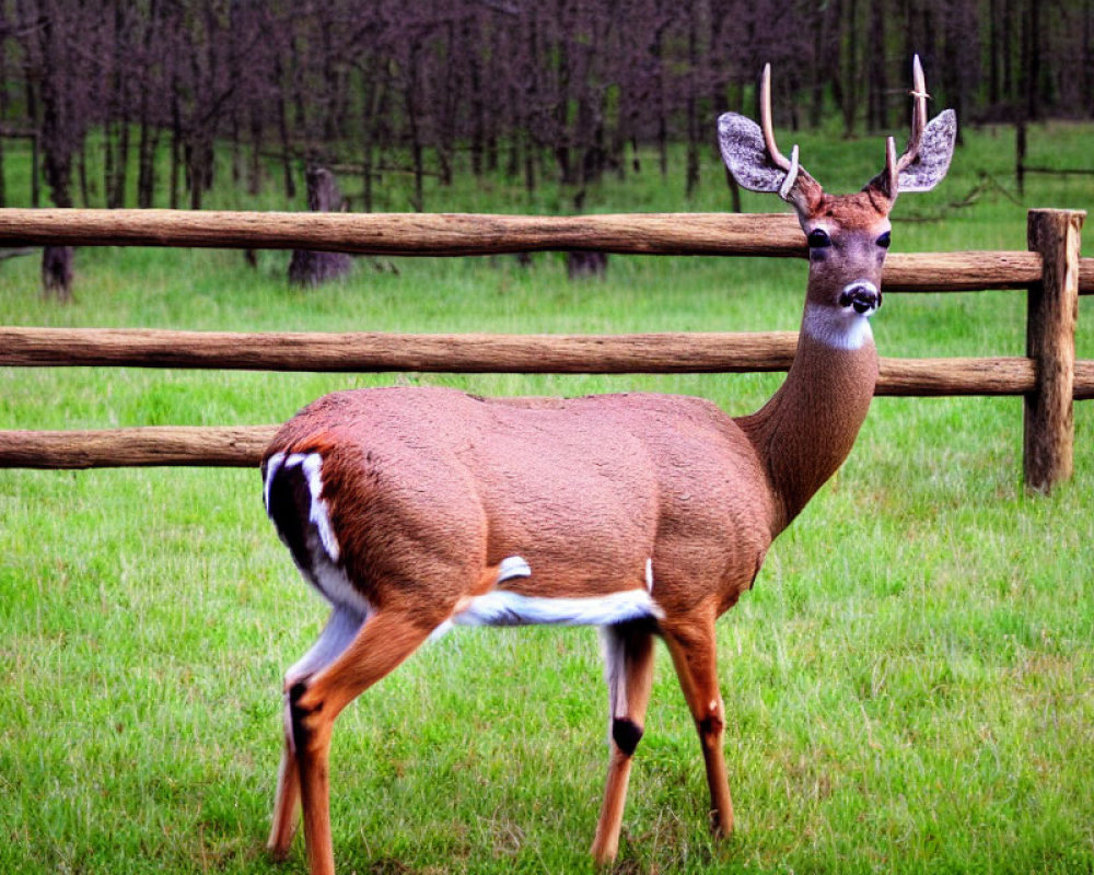 White-Tailed Deer with Antlers in Grass Field beside Wooden Fence