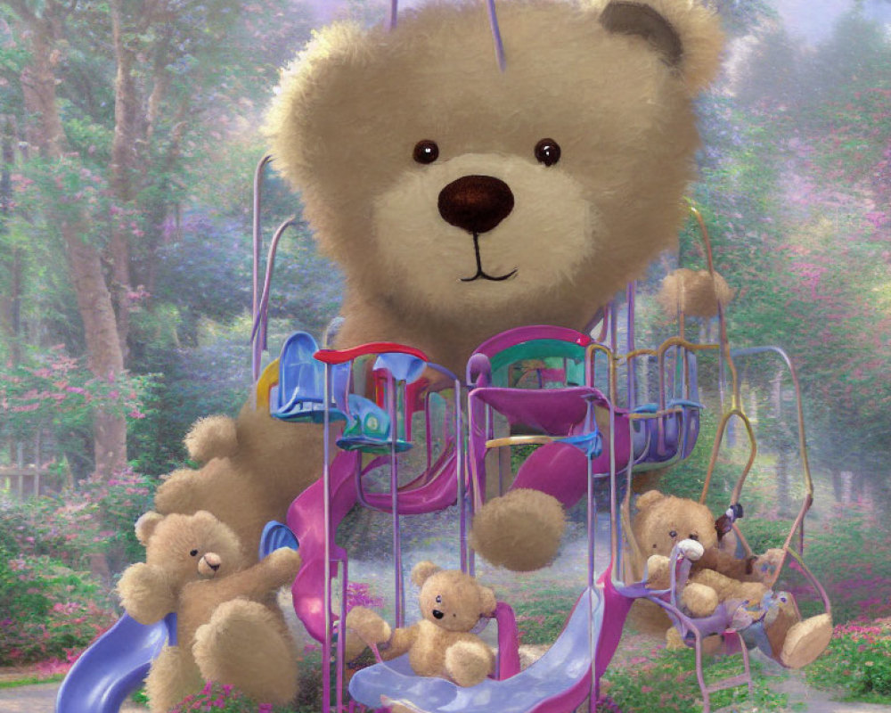 Whimsical forest playground with large teddy bear and smaller bears playing on swings and slide