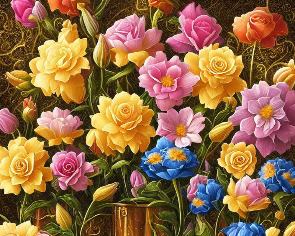 Colorful Pink, Yellow, and Blue Flowers on Ornate Golden Background