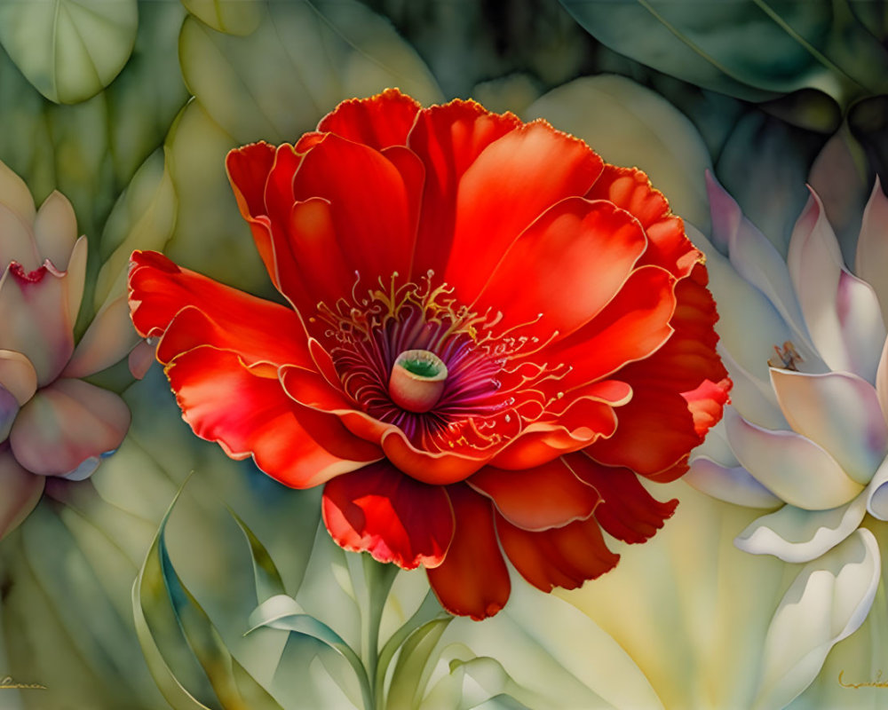 Detailed Red Flower Surrounded by Greenery and White Blooms