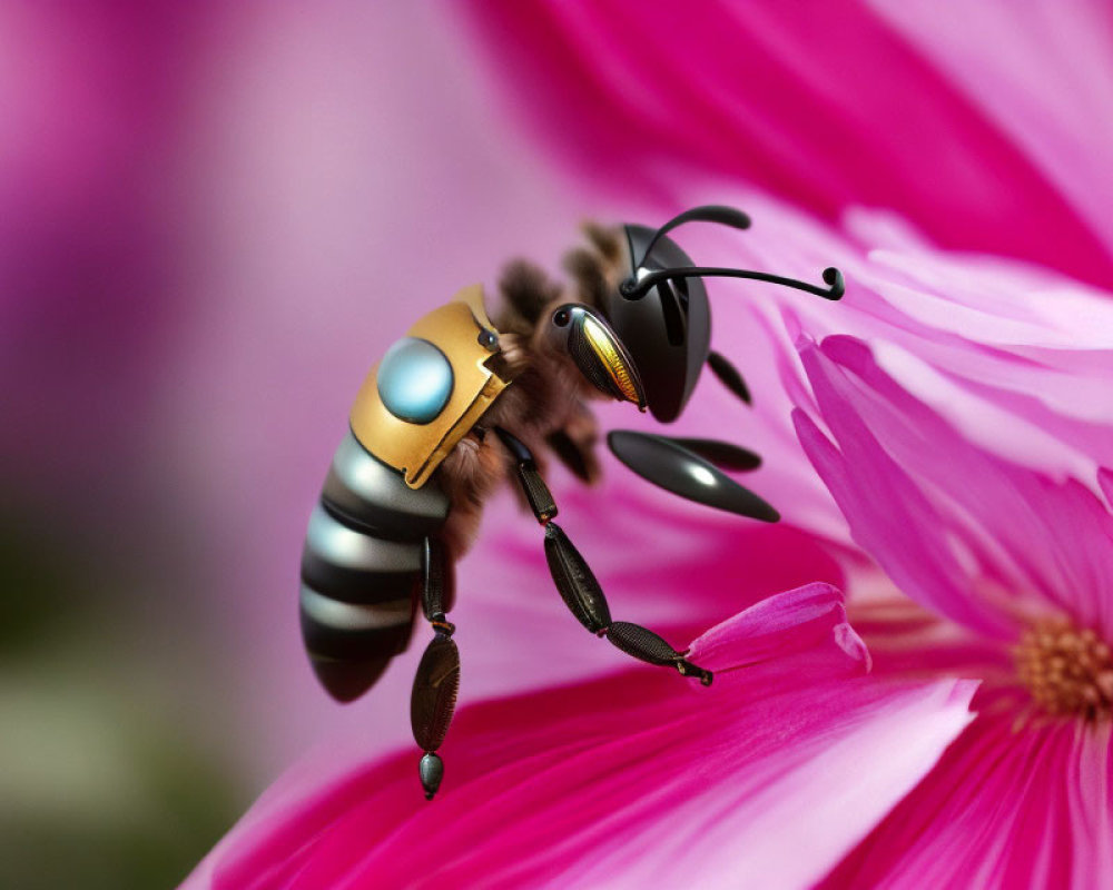 Detailed bee with shiny body on pink flower with soft-focus background