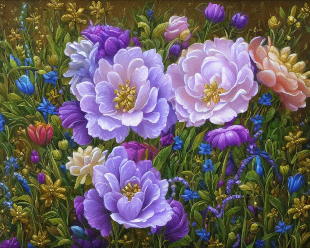 Colorful oil painting of lush peonies and wildflowers in shades of purple and pink