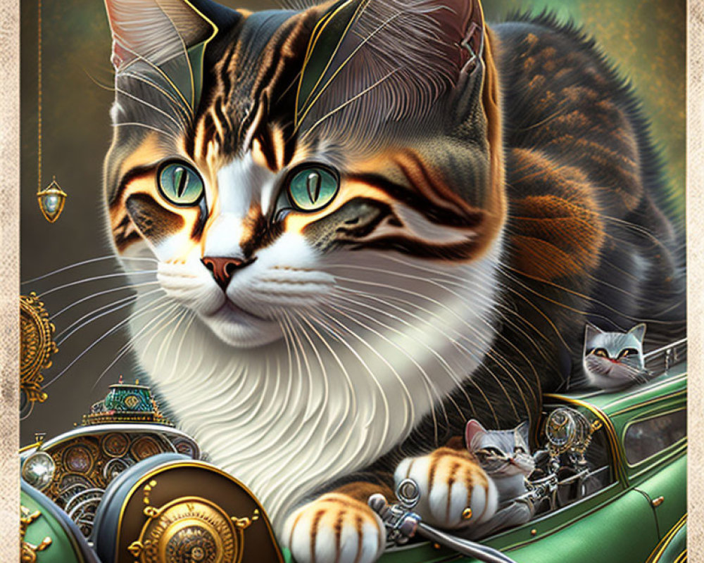 Detailed Digital Artwork: Large Cat with Green Eyes on Steampunk Vehicle