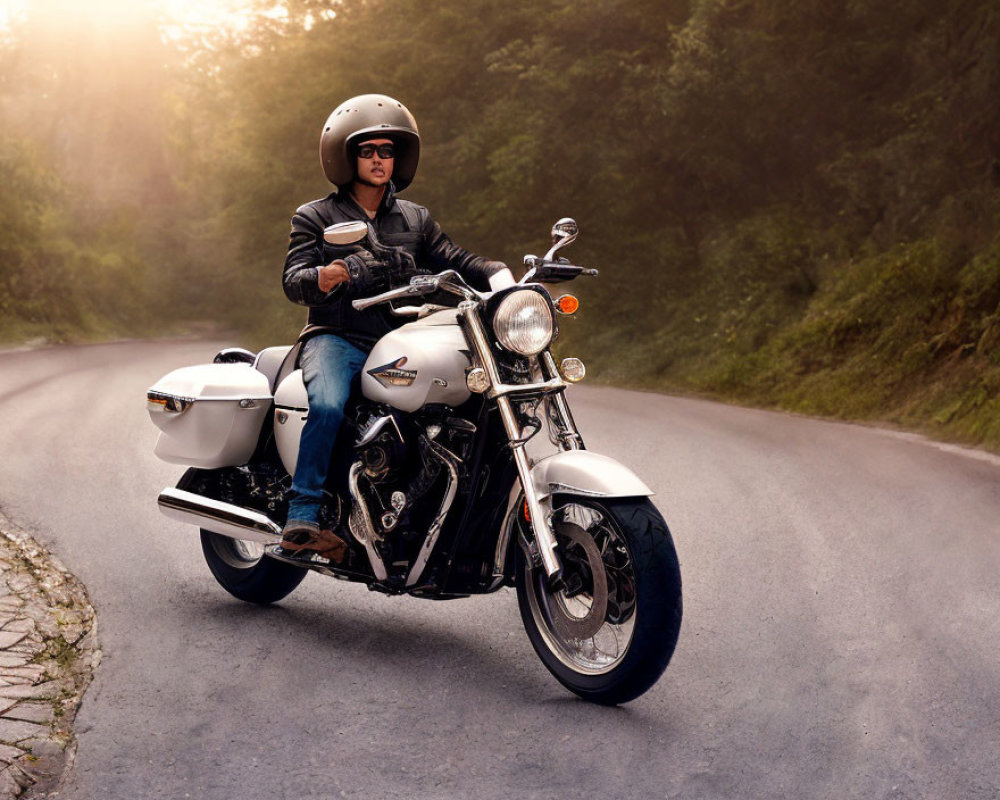 Person riding classic motorcycle with white saddlebags on curved road in greenery