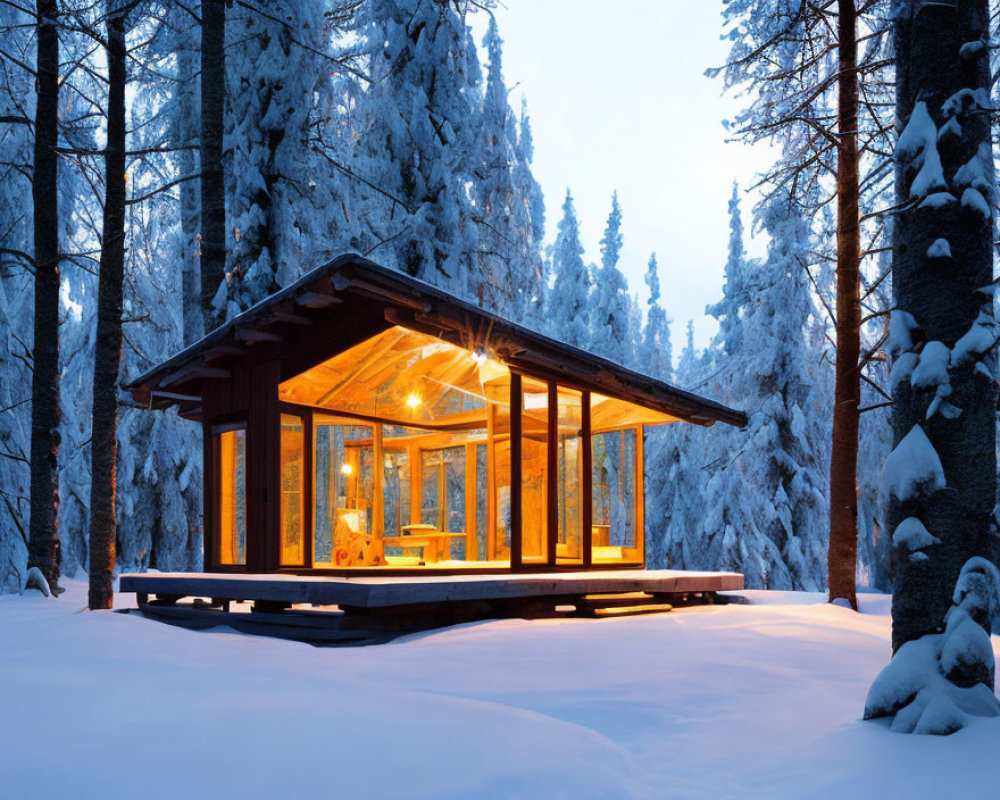 Snowy forest cabin glowing in twilight snowscape