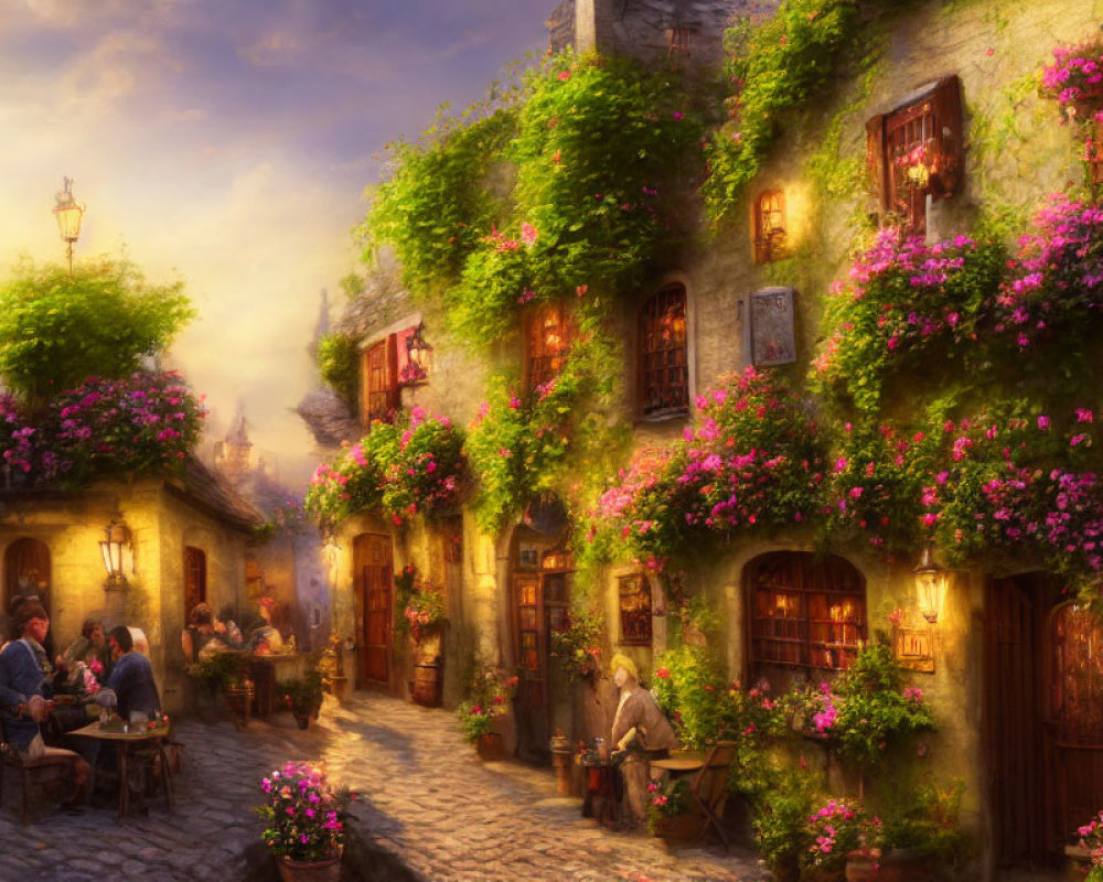 Historic cobblestone street with ivy-covered buildings and blooming flowers.