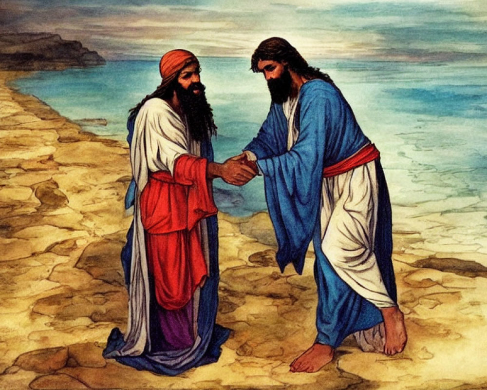 Historical illustration: Two bearded men in robes shaking hands by the seashore