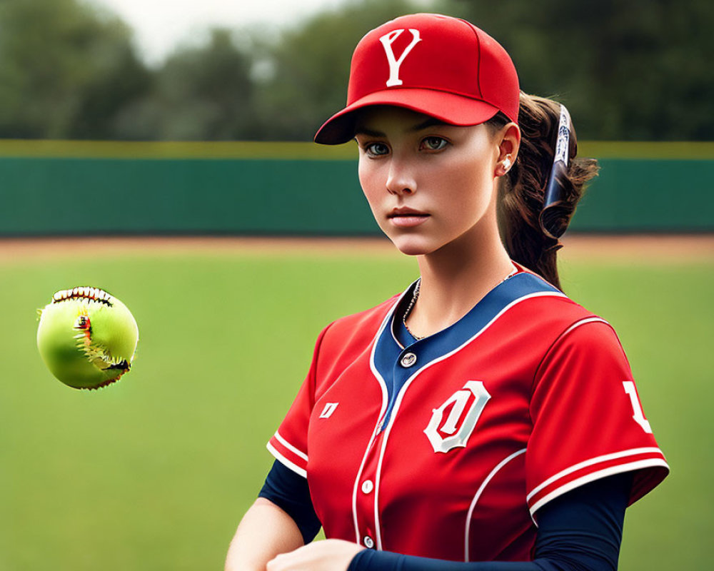 Female softball player in red and blue uniform throwing yellow softball