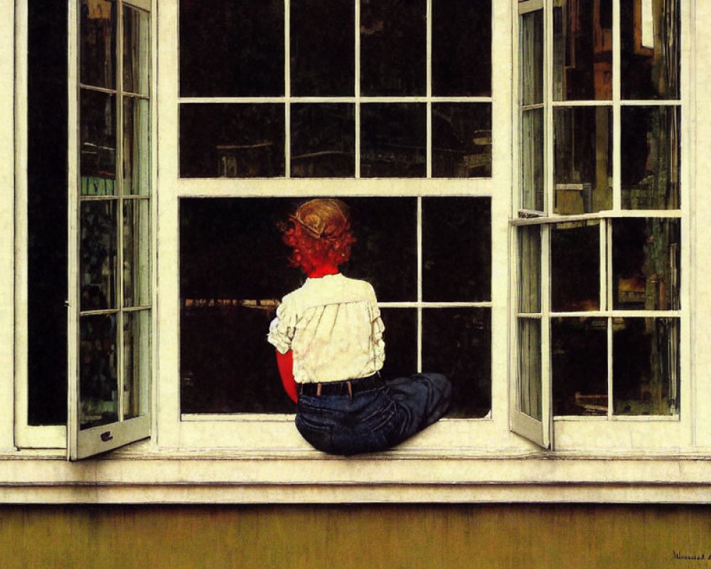 Child sitting on window sill looking outside against yellow wall