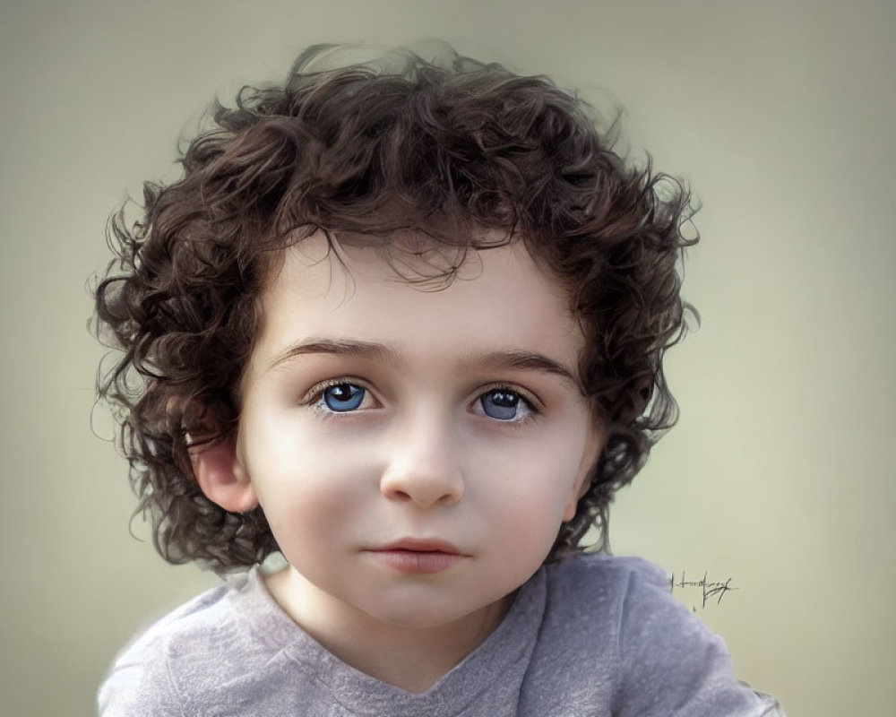 Child with Curly Hair and Blue Eyes in Grey Shirt Close-Up