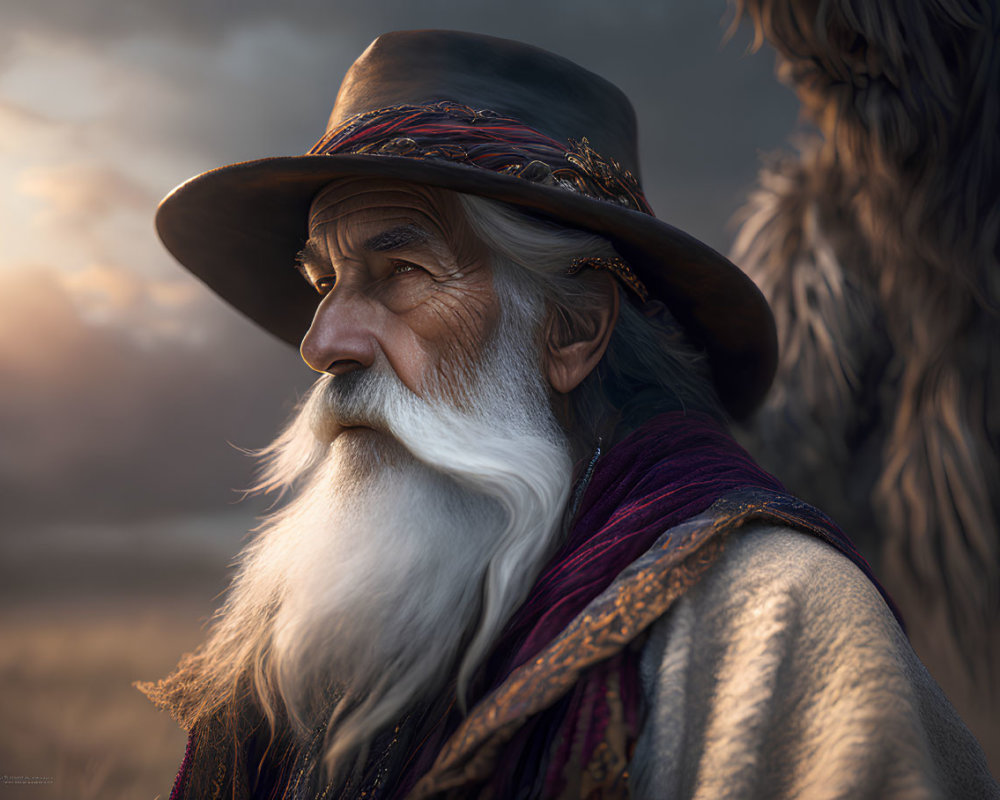 Elderly man in decorated attire with contemplative gaze